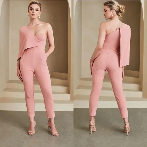 LAVISH ALICE One-shoulder Cape-detail Crepe Jumpsuit In Coral size 2 - Picture 13 of 13